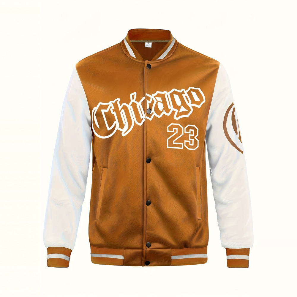 Men's varsity baseball jacket in caramel, front view