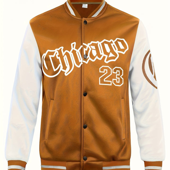 Men's varsity baseball jacket in caramel
