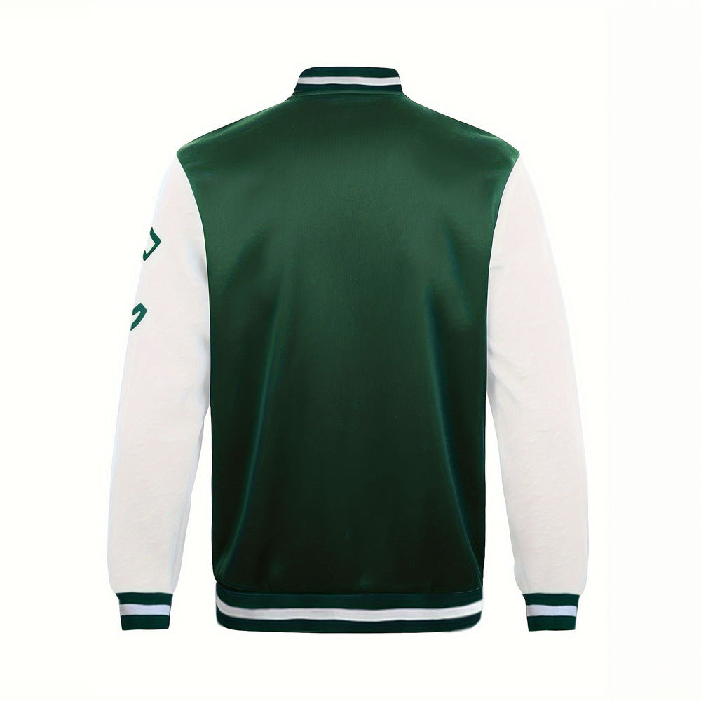 Men's varsity baseball jacket in dark green, back view