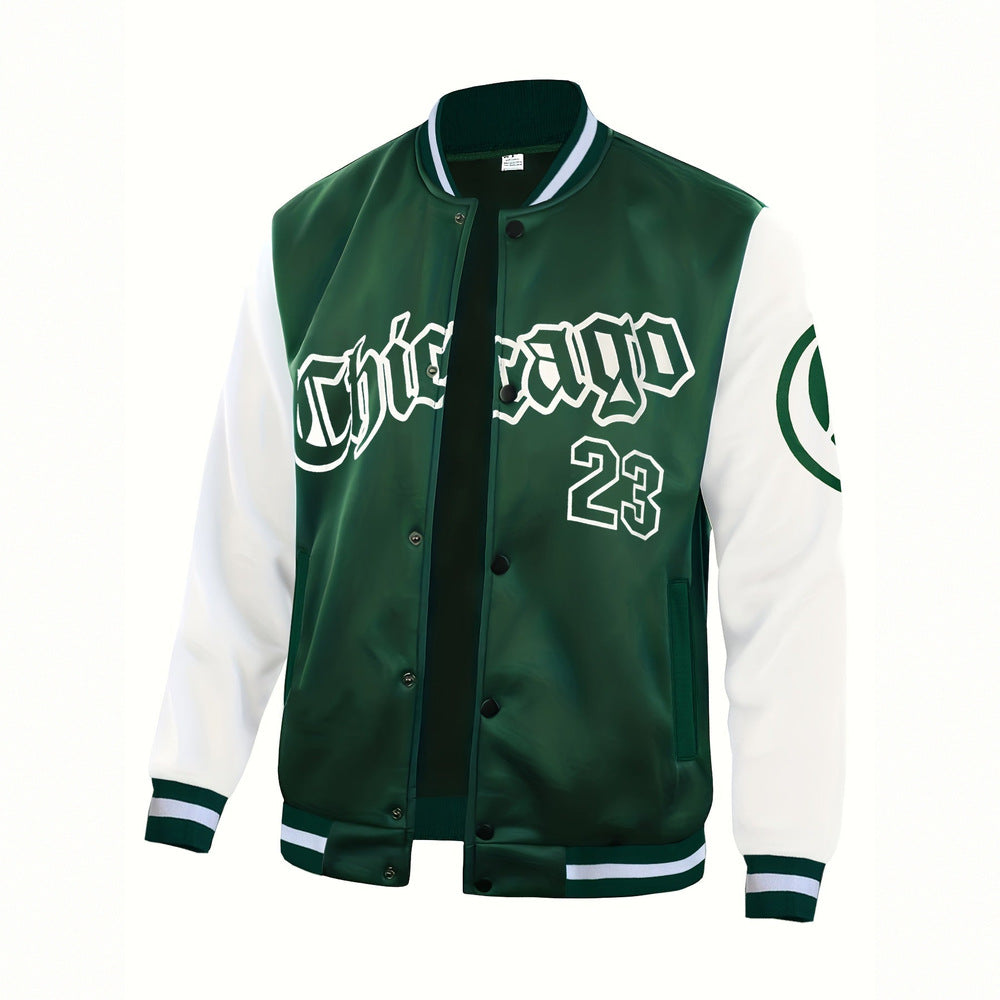 Men's varsity baseball jacket in dark green, front view