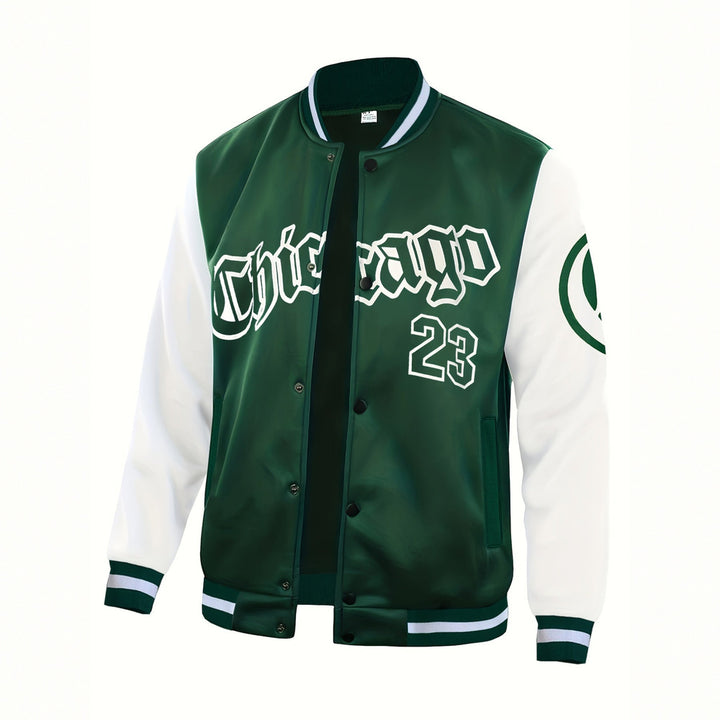 Men's varsity baseball jacket in dark green, front view