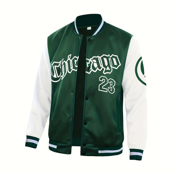 Men's varsity baseball jacket in dark green, front view