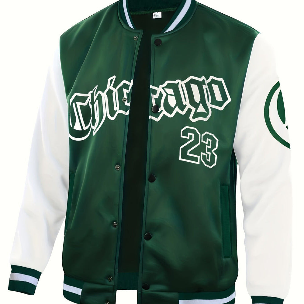 Men's varsity baseball jacket in dark green