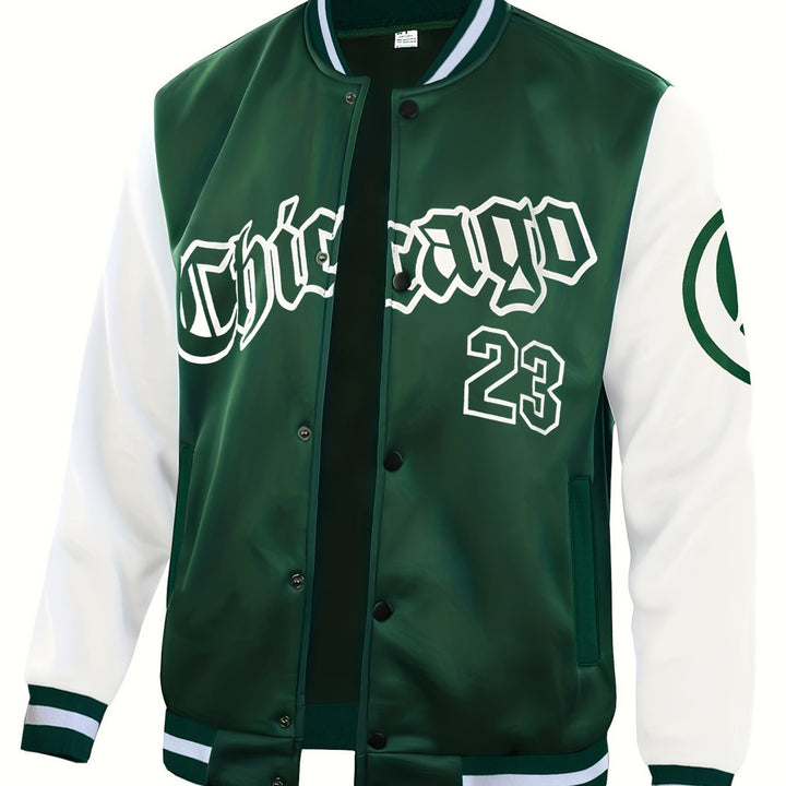 Men's varsity baseball jacket in dark green
