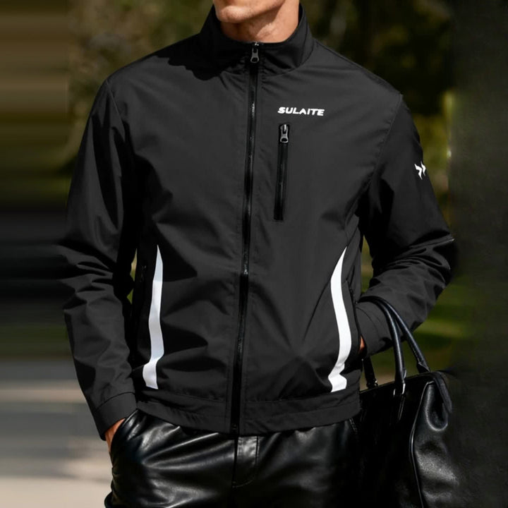Men's windproof stand collar jacket in black, worn by a model