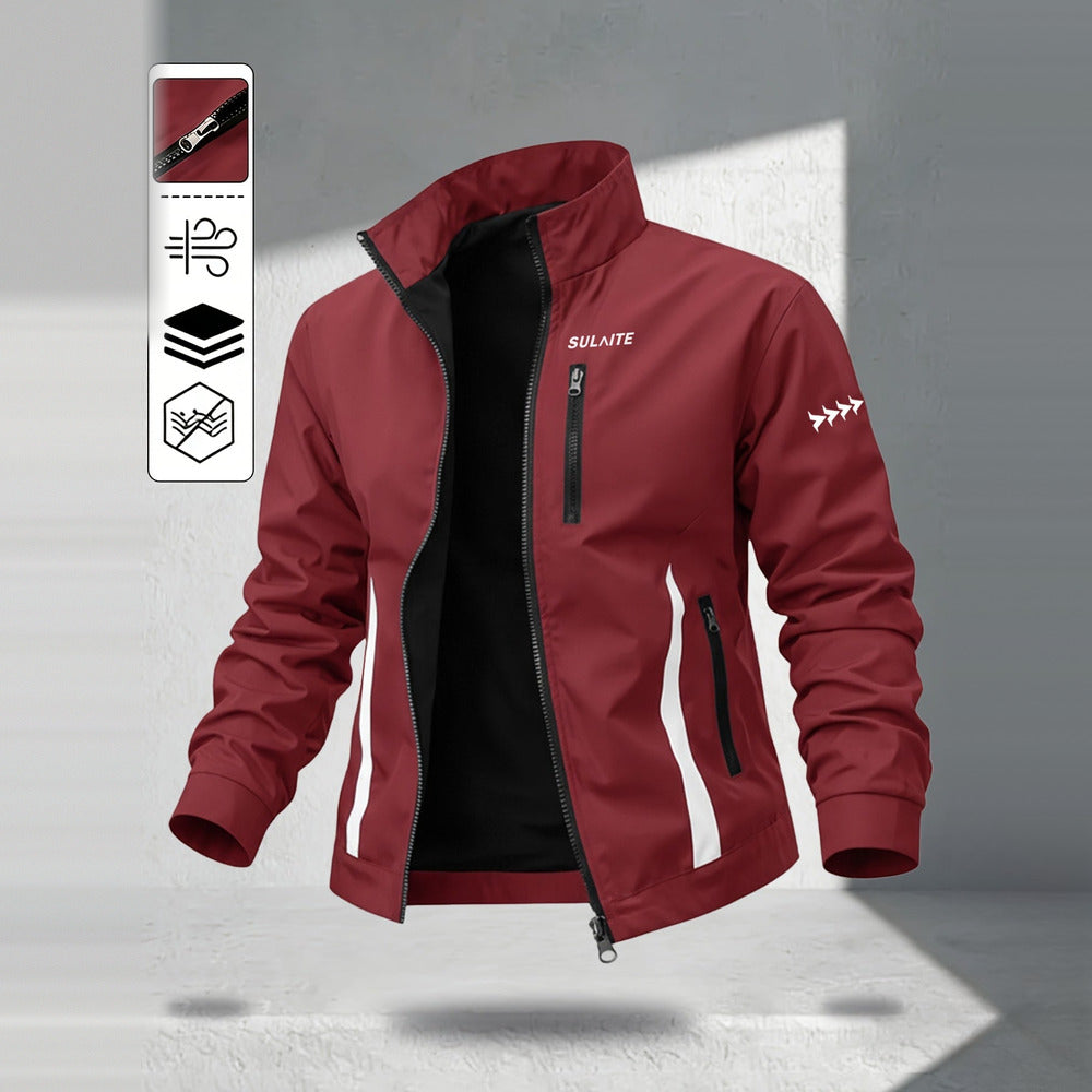 Men's windproof stand collar jacket in burgundy, front view