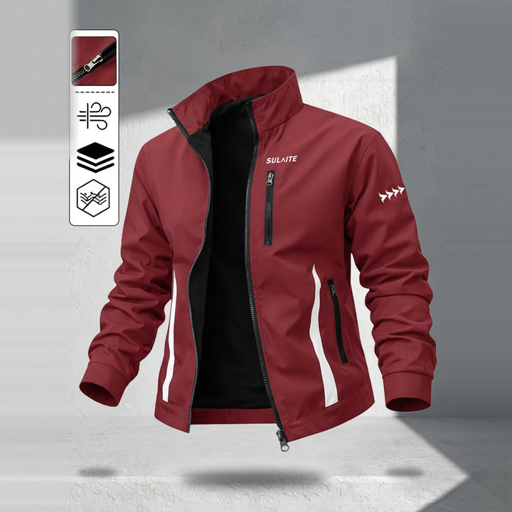 Men's windproof stand collar jacket in burgundy, front view