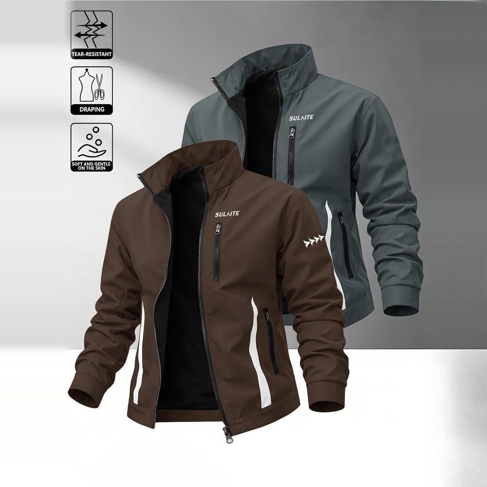 Men's windproof stand collar jacket in coffee and dark grey