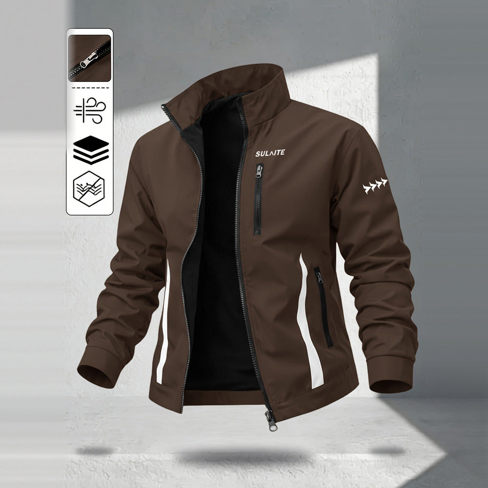 Men's windproof stand collar jacket in coffee, front view