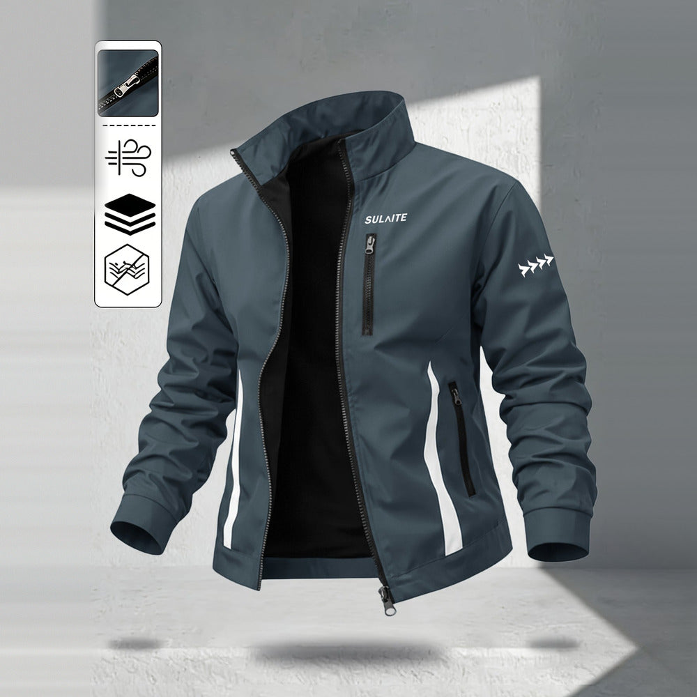 Men's windproof stand collar jacket in dark grey, front view