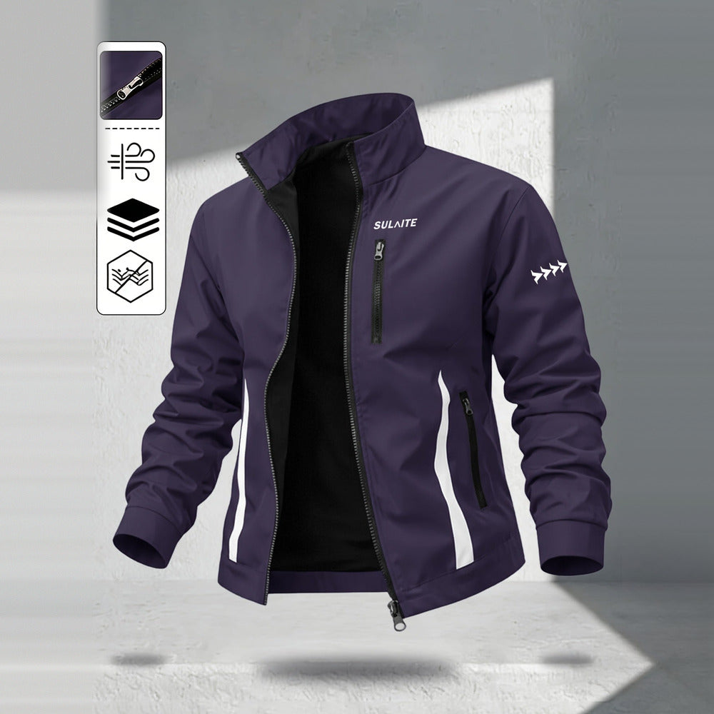 Men's windproof stand collar jacket in dark purple, front view