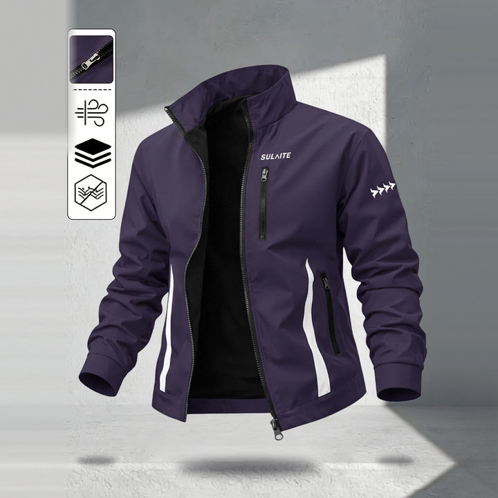 Men's windproof stand collar jacket in dark purple, front view