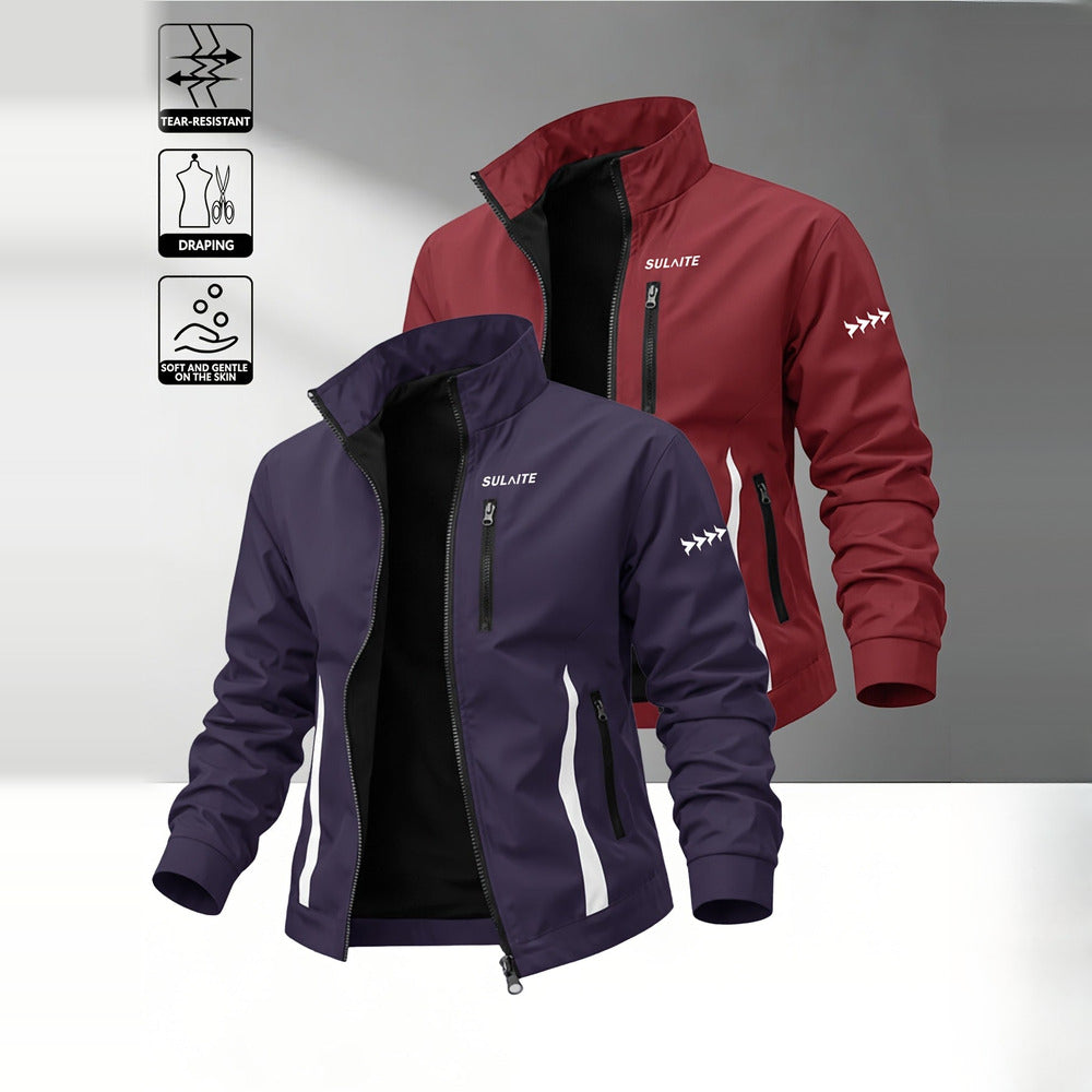 Men's windproof stand collar jacket in dark purple and burgundy