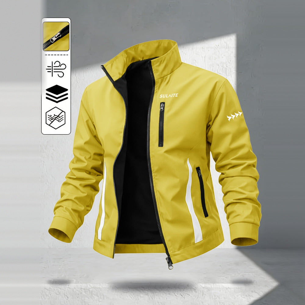 Men's windproof stand collar jacket in yellow, front view