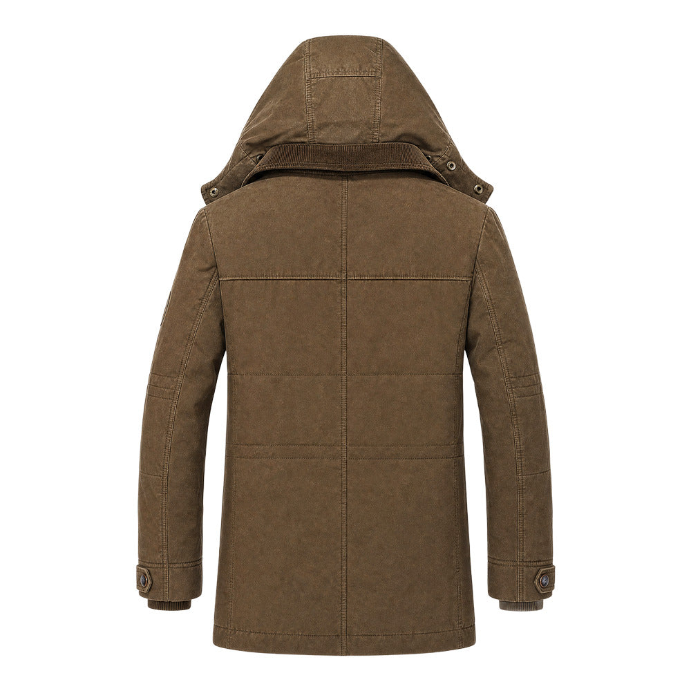 Men's hooded winter parka in brown, back view