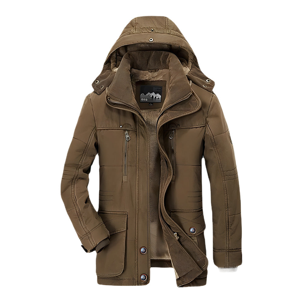 Men's hooded winter parka in brown, front view