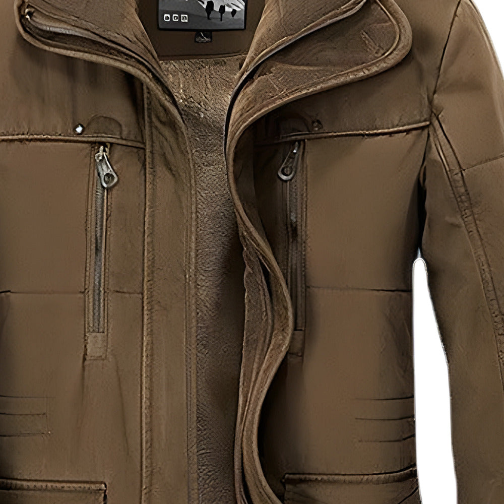 Zipped chest pockets and double front closure of the winter parka