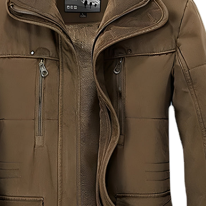 Zipped chest pockets and double front closure of the winter parka