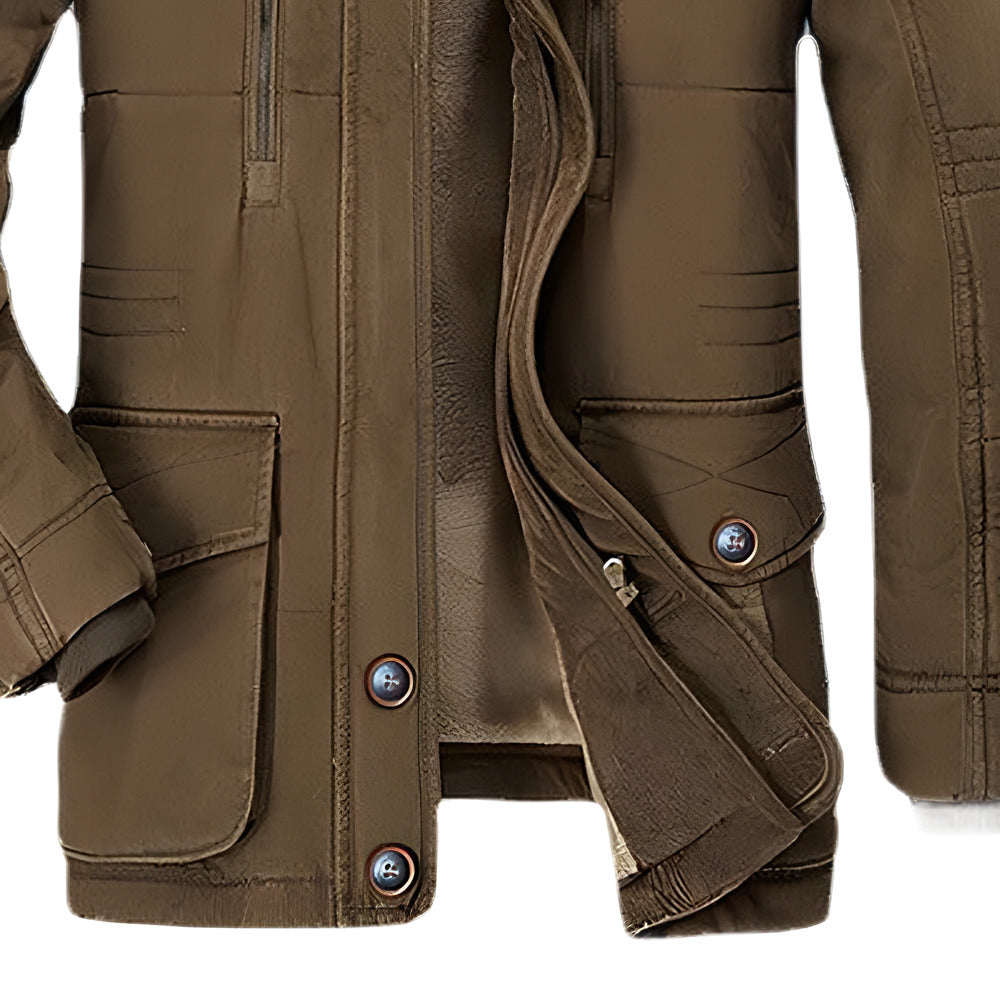 Front flap pockets and buttoned placket of the winter parka