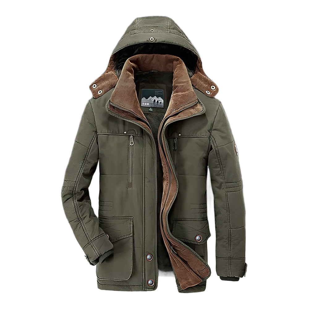 Men's hooded winter parka in green, front view