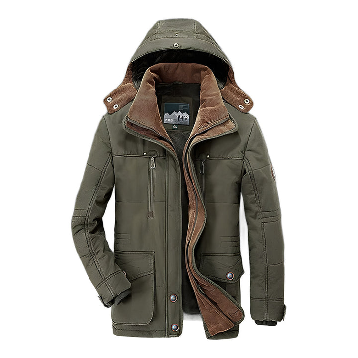 Men's hooded winter parka in green, front view