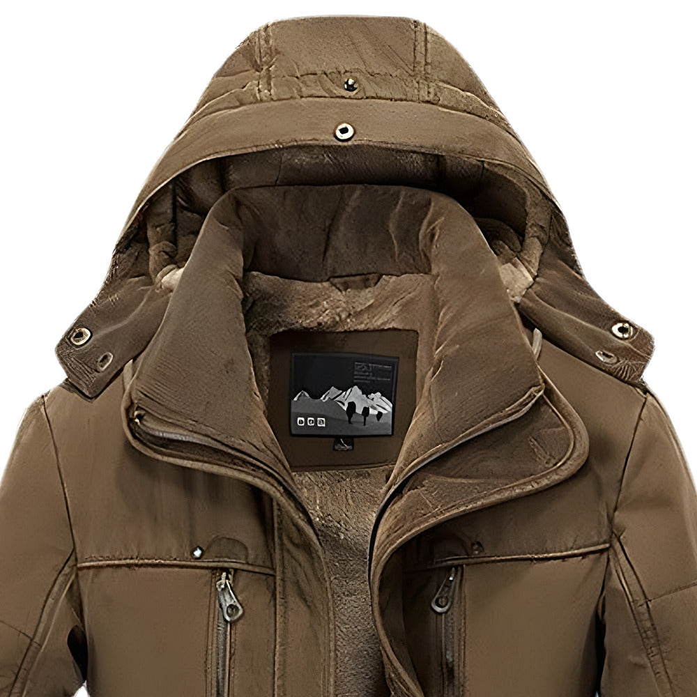 Hood and high collar of the brown winter parka