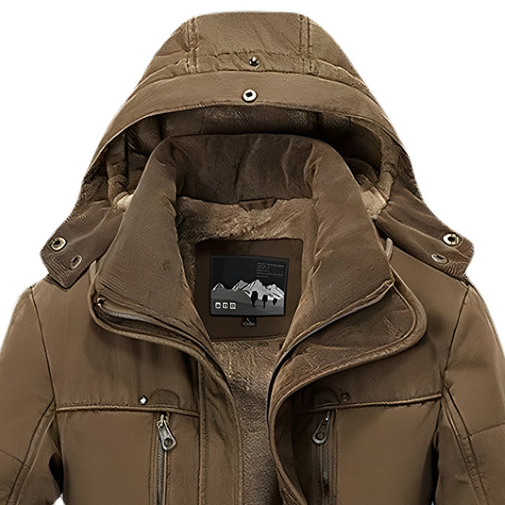Hood and high collar of the brown winter parka