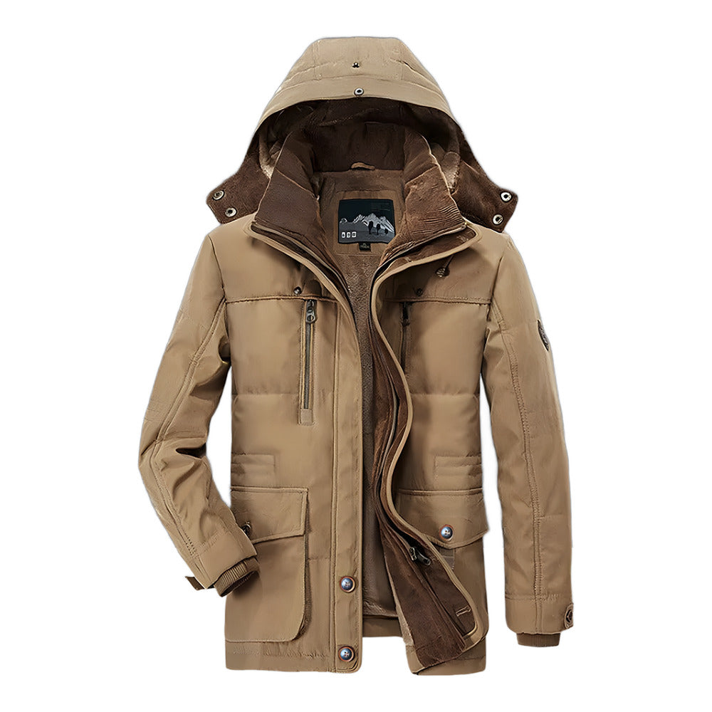 Men's hooded winter parka in khaki, front view