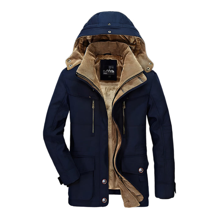 Men's hooded winter parka in navy blue, front view