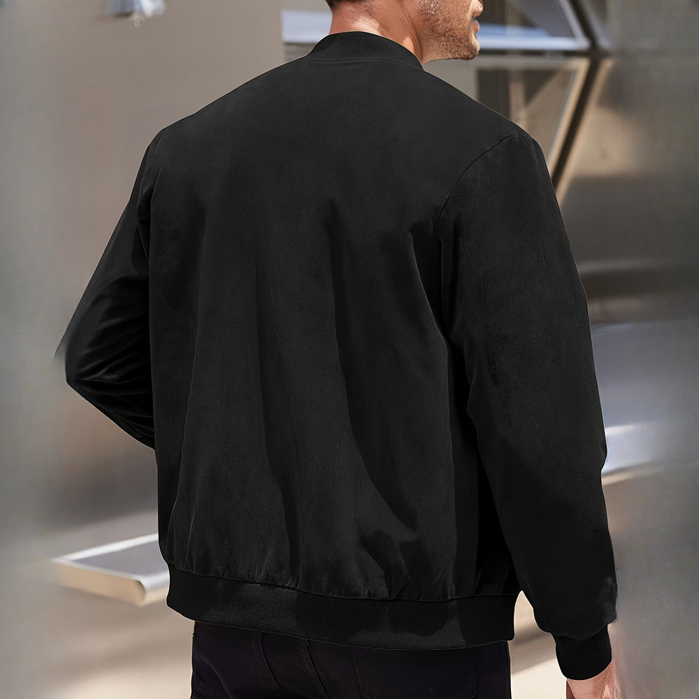 Men's zip-up bomber jacket in black, back view