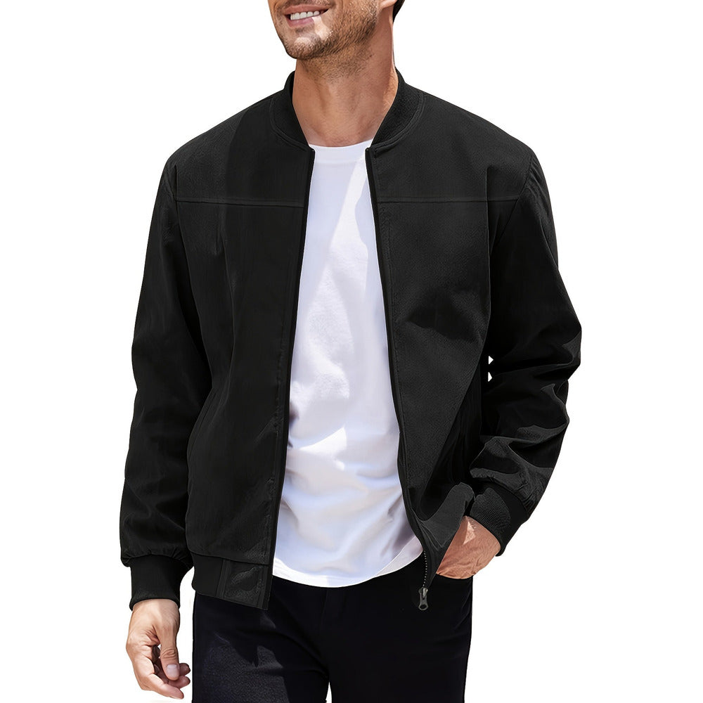 Men's zip-up bomber jacket in black, front view