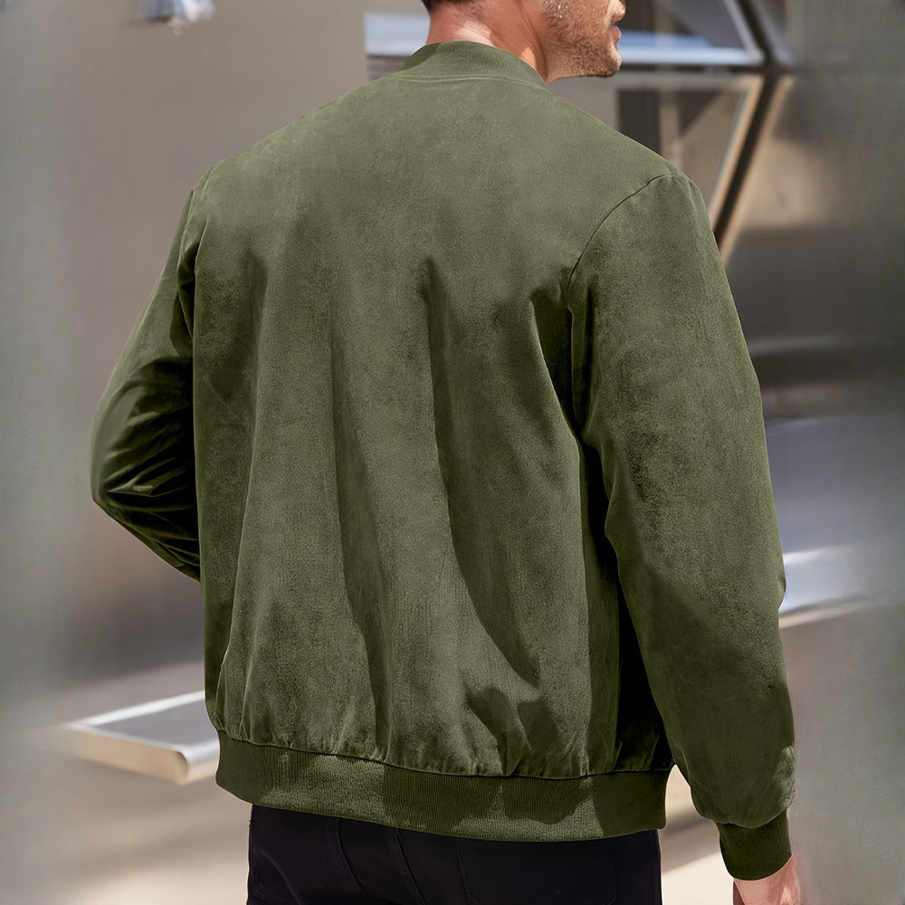 Men's zip-up bomber jacket in fern green, back view
