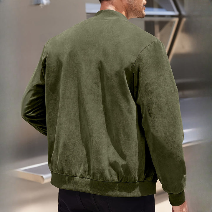 Men's zip-up bomber jacket in fern green, back view