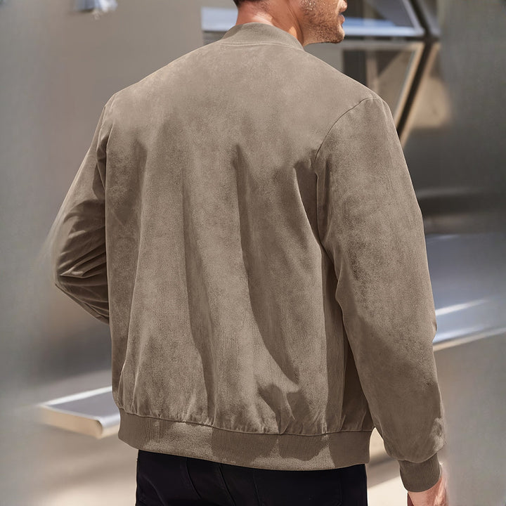 Men's zip-up bomber jacket in khaki, back view