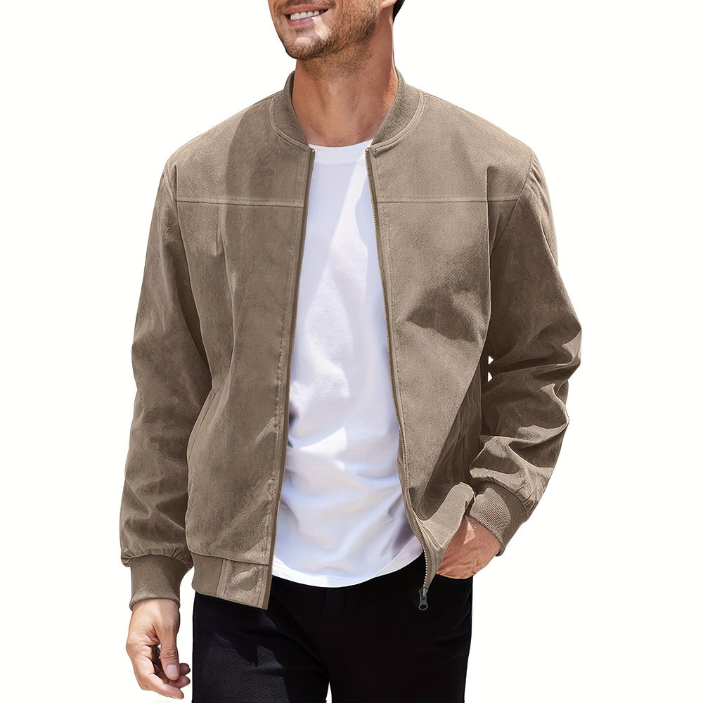 Men's zip-up bomber jacket in khaki, front view