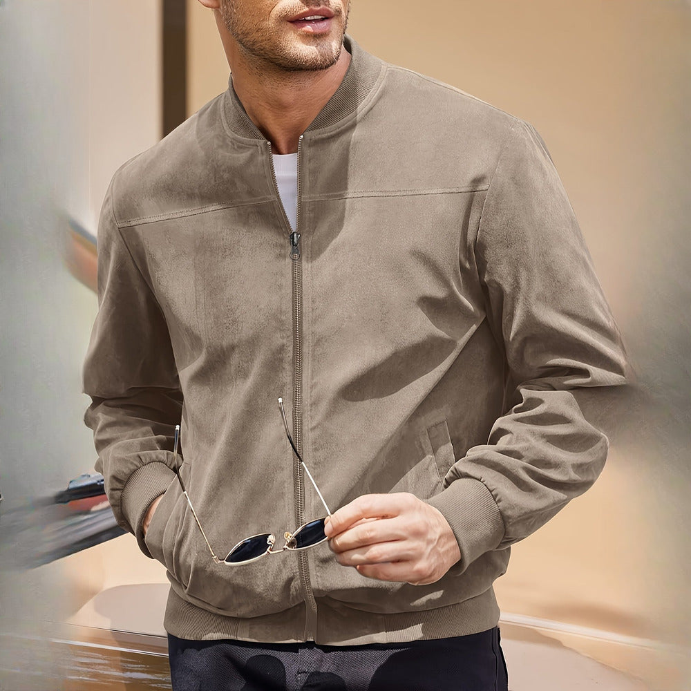 Men's zip-up bomber jacket in khaki, styled view