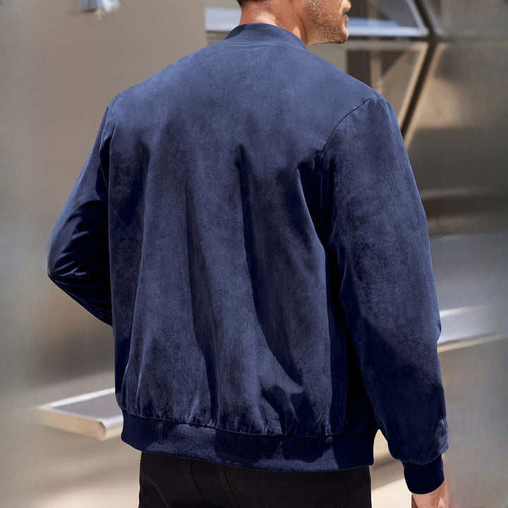 Men's zip-up bomber jacket in navy, back view