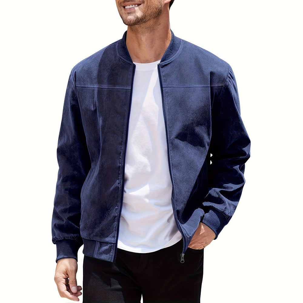 Men's zip-up bomber jacket in navy, front view