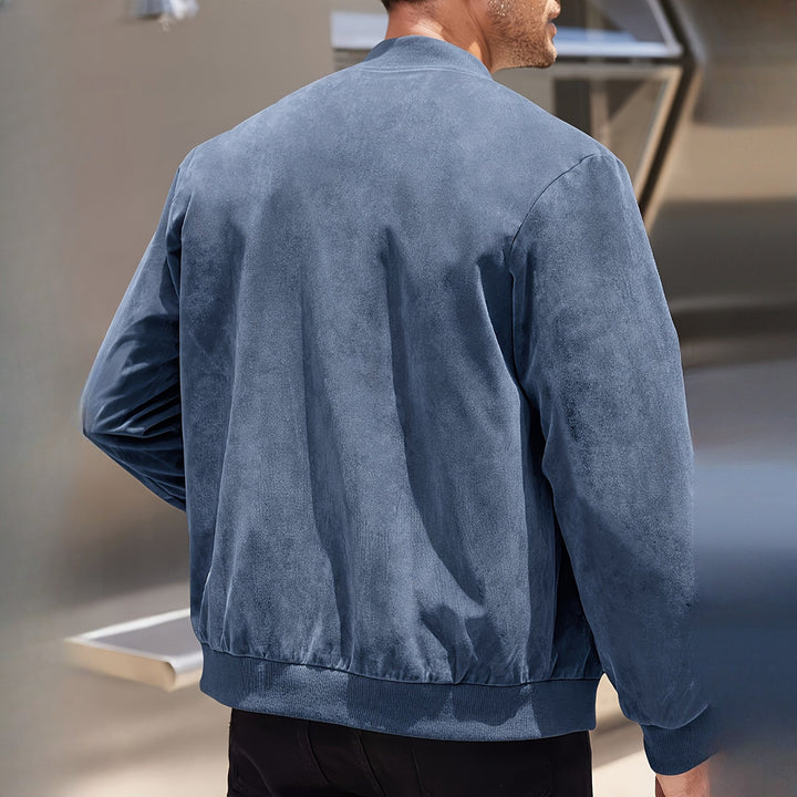 Men's zip-up bomber jacket in steel blue, back view