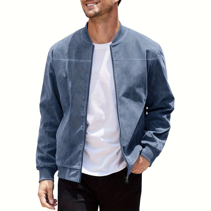 Men's zip-up bomber jacket in steel blue, front view