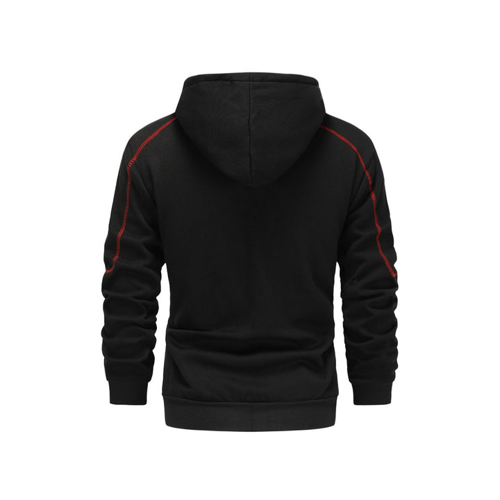 Men's zip-up hoodie with contrast piping in black, back view