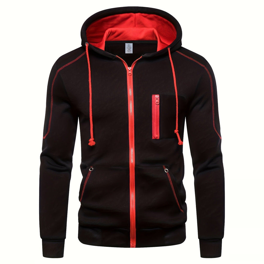 Men's zip-up hoodie with contrast piping in black, front view