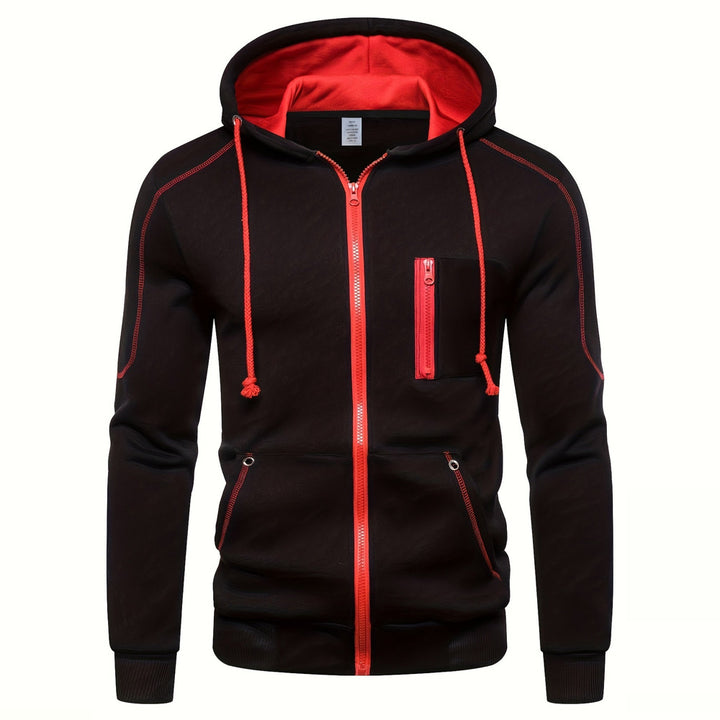 Men's zip-up hoodie with contrast piping in black, front view