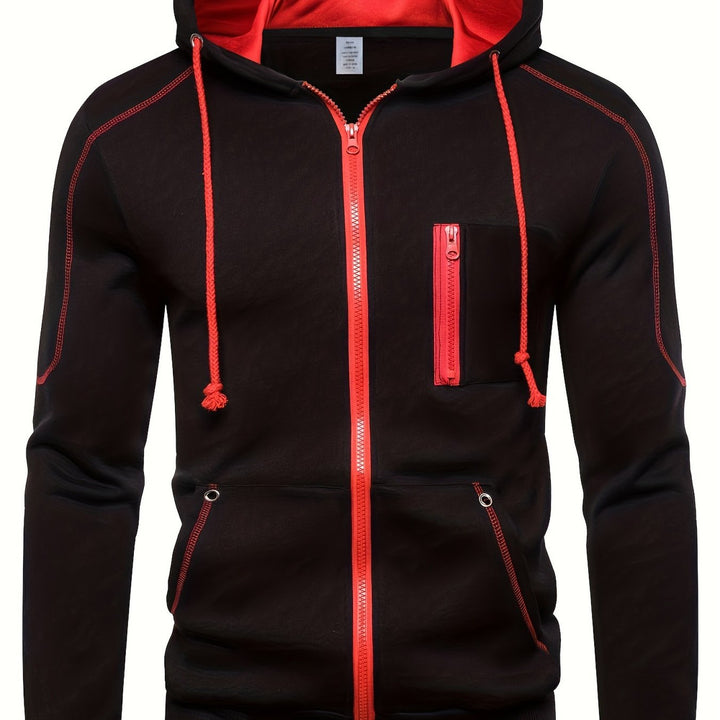 Men's zip-up hoodie with contrast piping in black