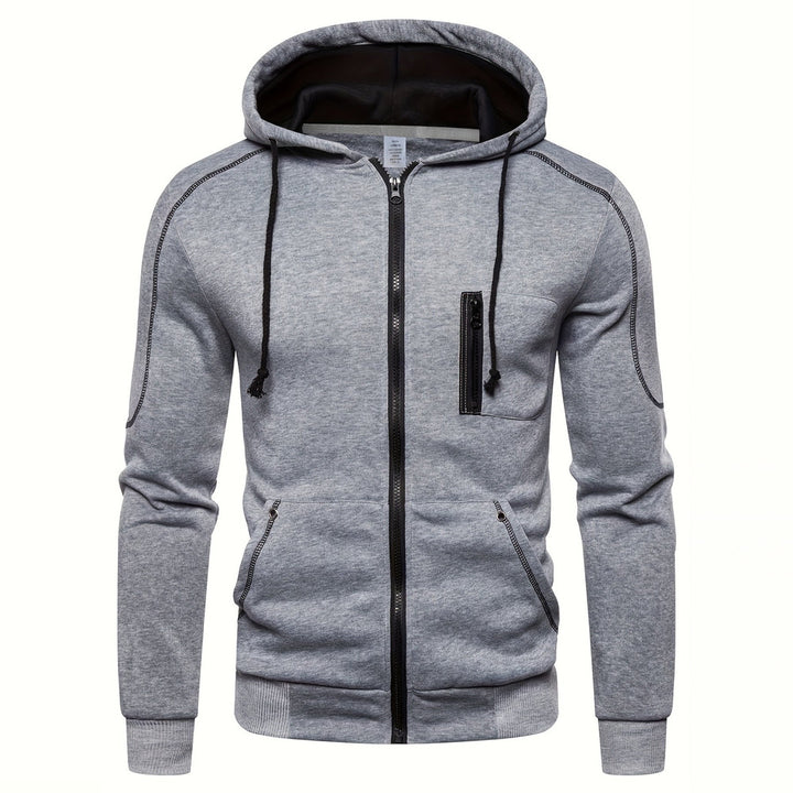 Men's zip-up hoodie with contrast piping in light grey, alternative front view