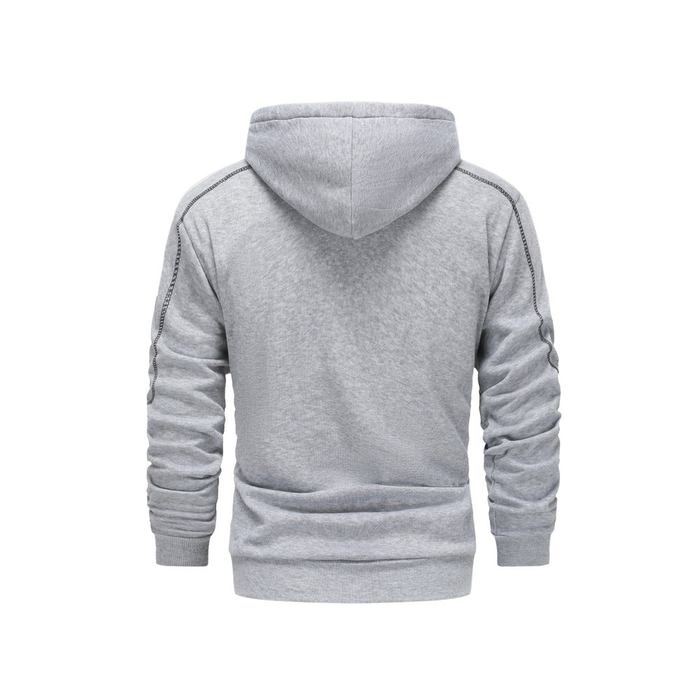 Men's zip-up hoodie with contrast piping in light grey, back view