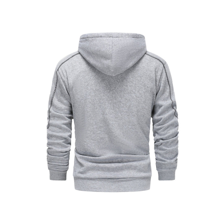 Men's zip-up hoodie with contrast piping in light grey, back view