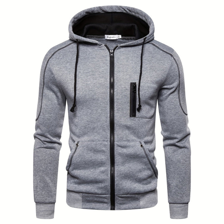 Men's zip-up hoodie with contrast piping in light grey, front view