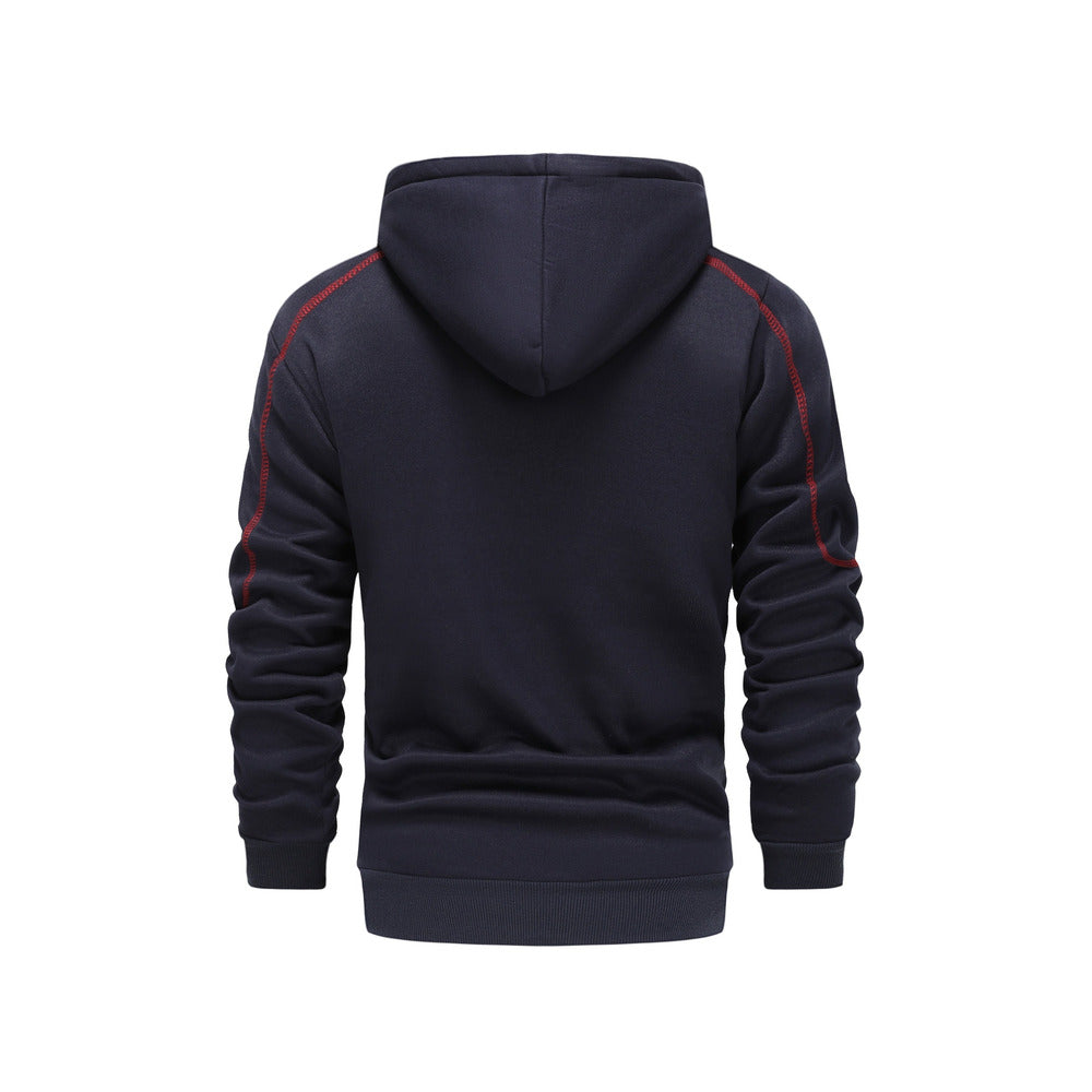 Men's zip-up hoodie with contrast piping in navy, back view