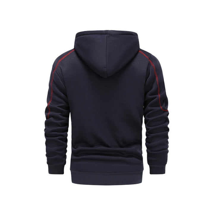 Men's zip-up hoodie with contrast piping in navy, back view
